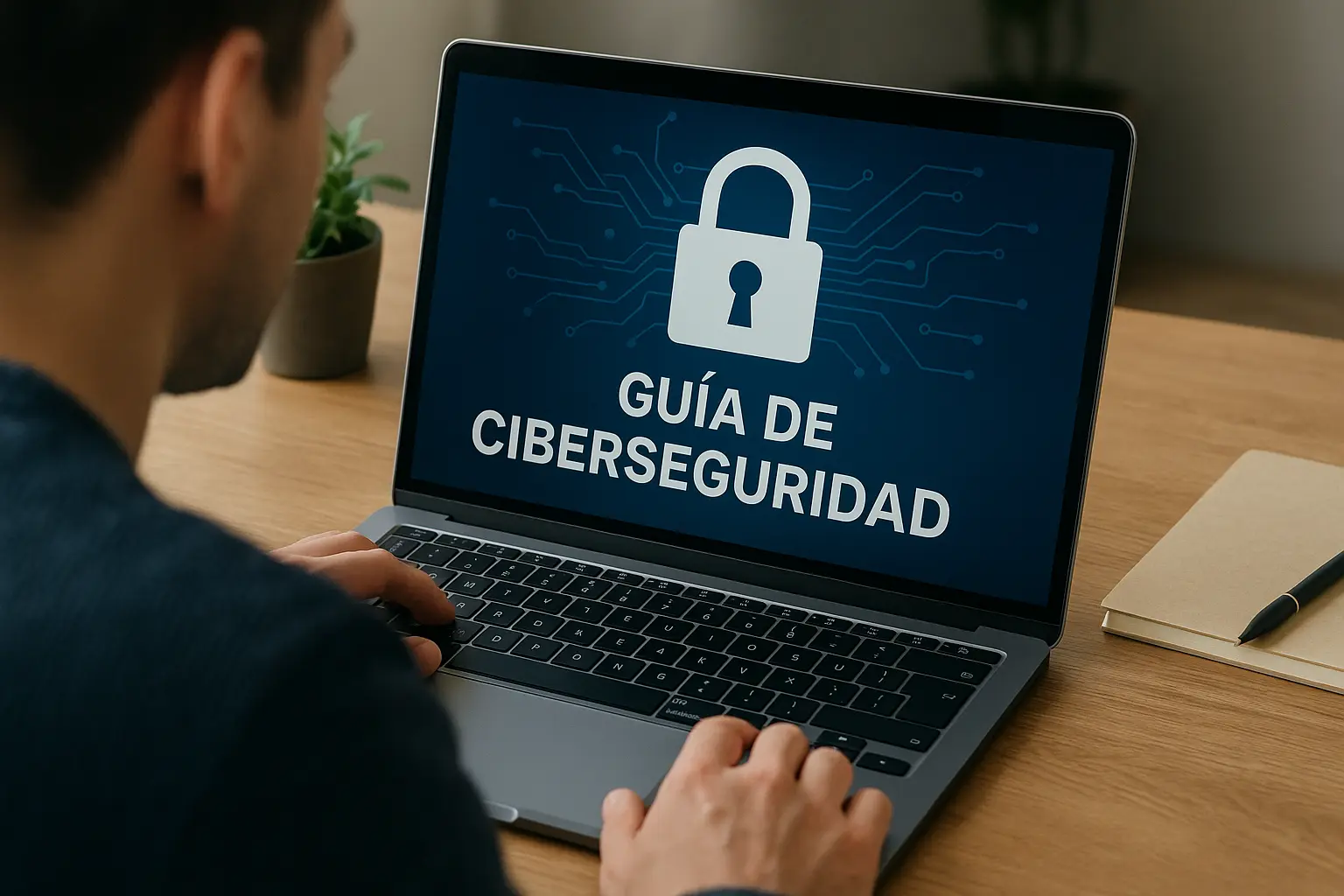 Mesa de trabajo de un autónomo con portátil seguro y candado digital