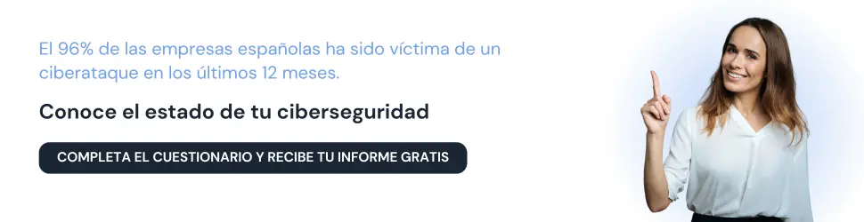 Estadística de ciberataques a empresas e invitación a completar el cuestionario gratuito de ciberseguridad.