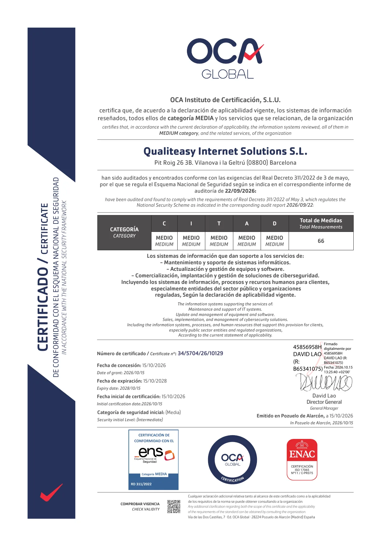Certificación de Conformidad con el ENS, categoría MEDIA