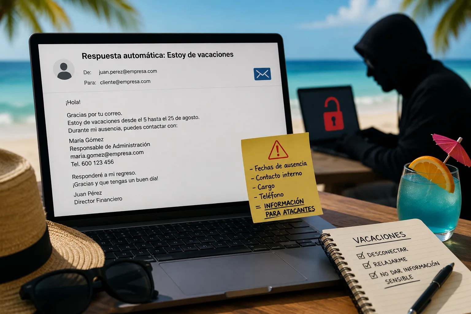 Respuesta automática de vacaciones en un portátil en la playa con notas de aviso sobre información sensible