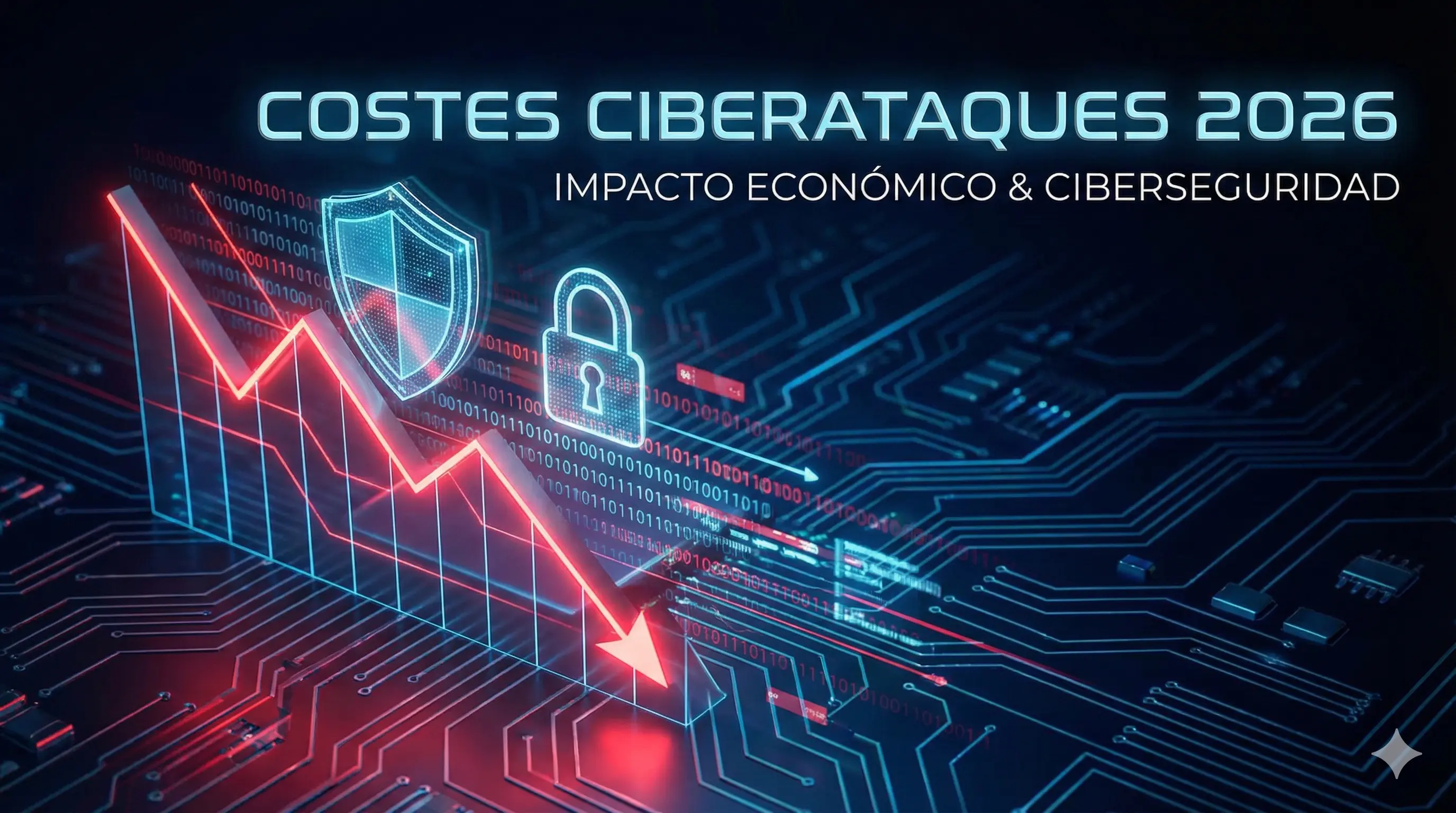 Gráfico digital que muestra pérdidas financieras y símbolos de ciberseguridad