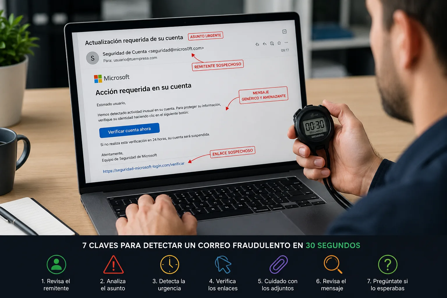 Hombre con cronómetro revisando un correo fraudulento con señales de phishing señaladas en pantalla
