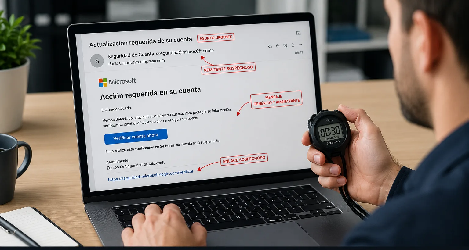 Home amb cronòmetre revisant un correu fraudulent amb senyals de phishing assenyalats en pantalla