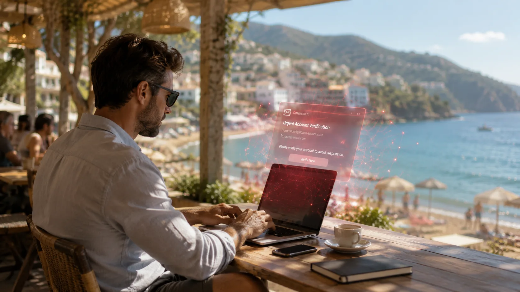Profesional trabajando desde un chiringuito de playa con una alerta de verificación urgente en el portátil
