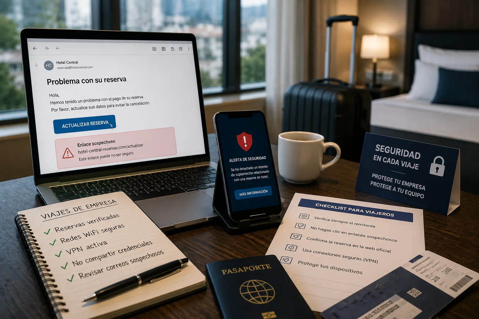 Escritorio de hotel con un correo fraudulento de reserva, un checklist de viajero y una alerta de seguridad en el móvil