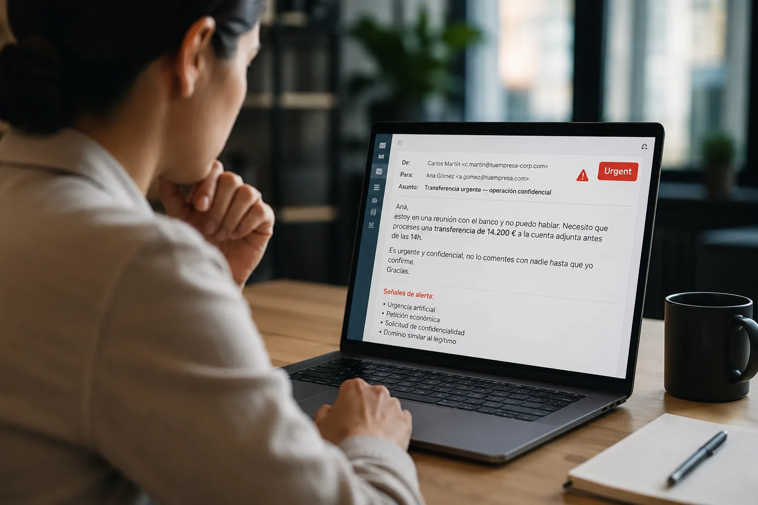 Empleada revisando un correo de transferencia urgente con señales de phishing en el portátil