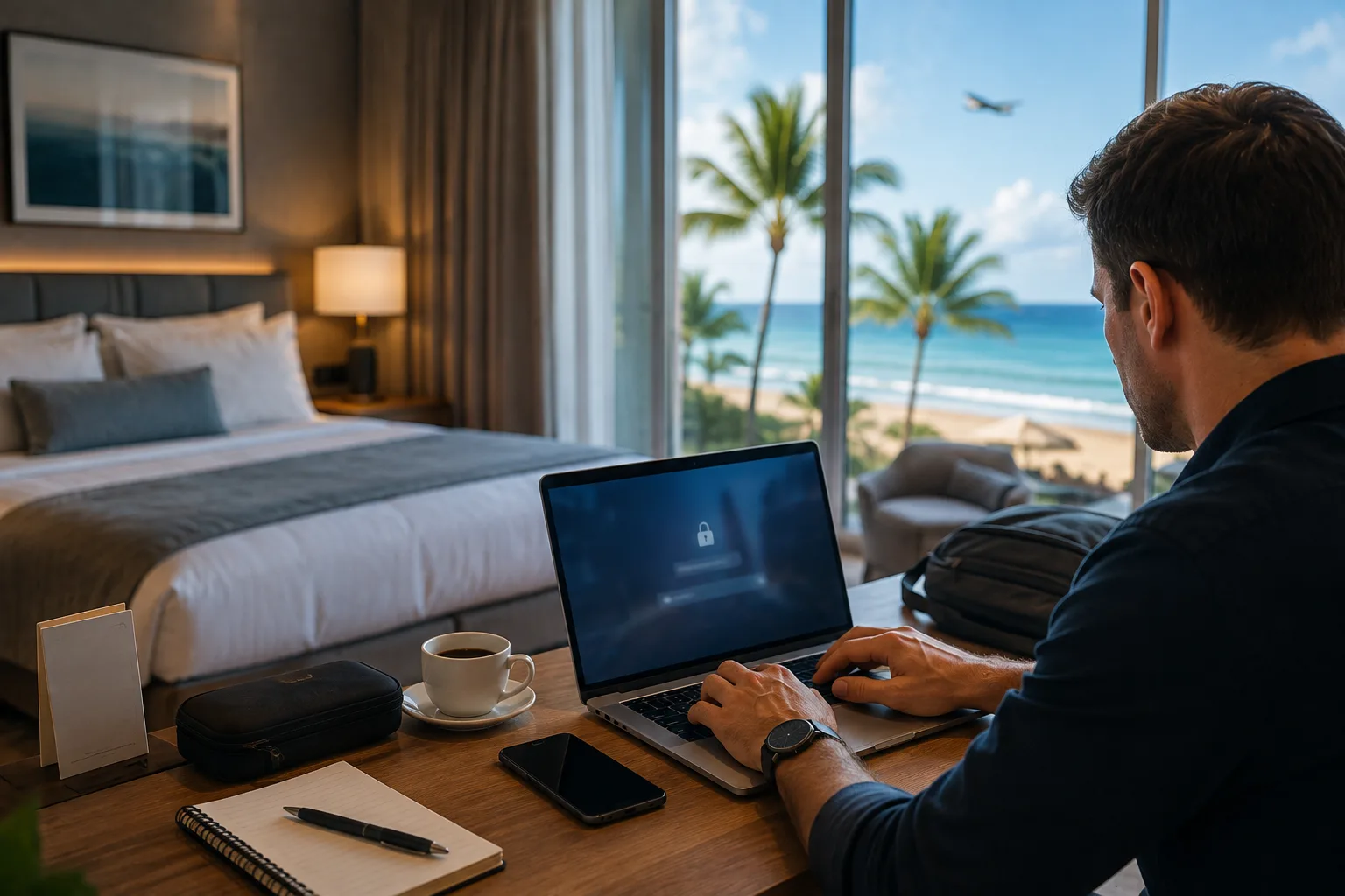 Profesional trabajando en un portátil bloqueado desde una habitación de hotel con vistas a la playa