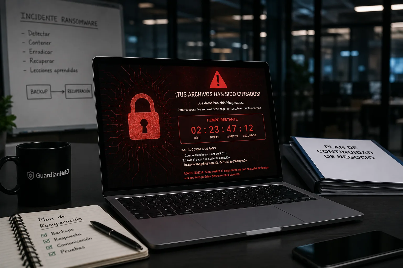 Portátil mostrando una pantalla de archivos cifrados por ransomware con cuenta atrás y nota de rescate