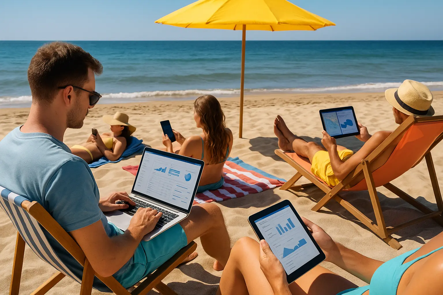 Persona con portátil en la playa bajo medidas de seguridad digital