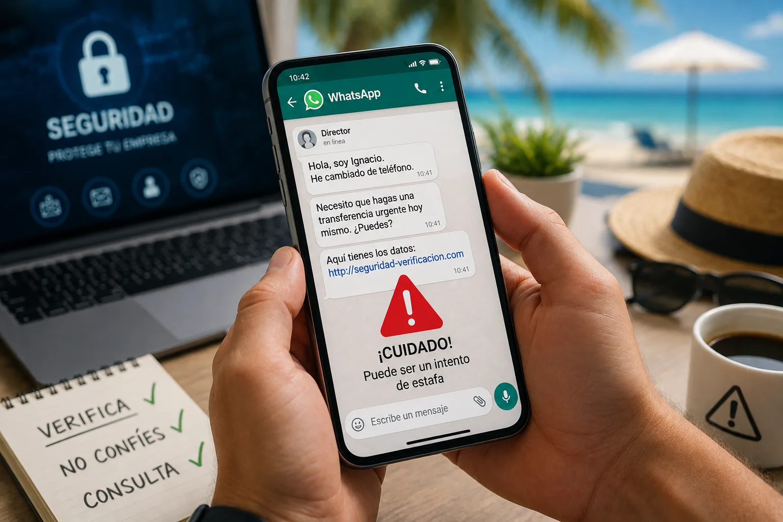 Mano sosteniendo un móvil con un mensaje de WhatsApp fraudulento suplantando al director de la empresa